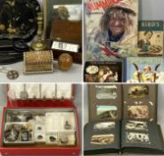ASSORTED COLLECTABLES, including costume jewellery, vintage postcard albums, leather writing case,