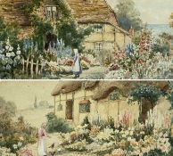 GEORGE WILLIAMS (British early 20th century) pair of watercolours - cottage gardens in bloom with