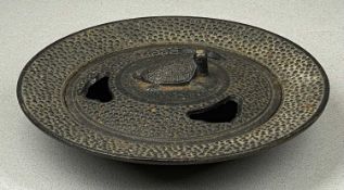 VINTAGE JAPANESE CAST IRON CENSOR, pierced cover mounted with a turtle, 18.5cms (diam.)