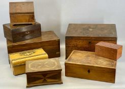 SELECTION OF BOXES, including brass bound walnut stationary box, 40cms (w), oak trinket box,