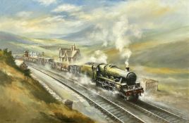 DAVID WESTON (1935-2011) oil on canvas - steam train passing through station in moorland, signed and
