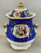 19TH CENTURY IRONSTONE TWO-HANDLED LIDDED VASE, cream and powder blue ground painted with floral