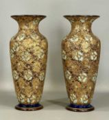 PAIR OF ROYAL DOULTON SLATERS PATENT STONEWARE VASES, textured buff ground and turquoise flower