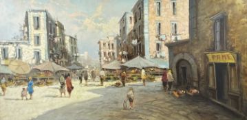 UNKNOWN 20TH CENTURY oil on board - continental market scene with figures, unsigned, 59 x 119cms