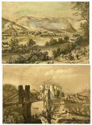 PAIR ANTIQUE HAND COLOURED ETCHINGS - Conwy Castle and possibly Llanrwst, 20 x 27cms Provenance: