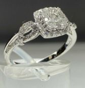 14CT WHITE GOLD DIAMOND HALO RING, five principal central diamonds, openwork shoulders, size N, 2.