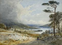 THOMAS CRESWICK (British 19th century) watercolour - extensive lake landscape with figure in