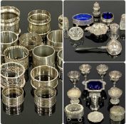ASSORTMENT OF SMALL SILVER & SILVER-PLATED ITEMS, including napkin rings, condiments, egg cups, etc.