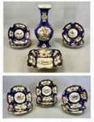 BOOTHS TABLEWARE, blue fish scale pattern with gilded highlights and panels depicting exotic