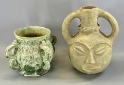 STONEWARE TWO-HANDLED VESSEL with double-sided face, 40cms (h), and stoneware four-handled