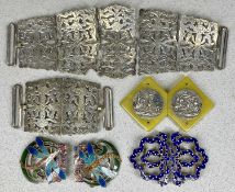 FOUR VINTAGE BELT BUCKLES, comprising Art Nouveau enamelled dragonfly buckle, blue enamelled polka-