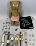 ASSORTED WRISTWATCHES & COSTUME JEWELLERY, with vintage straw filled teddy bear, 32cms (h)