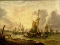 UNKNOWN 19TH CENTURY oil on canvas - fleet of sailing ships with figure ashore in foreground,