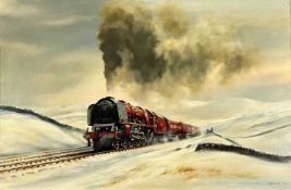 DAVID WESTON (1935-2011) oil on canvas - steam train passing through snowy moorland, signed and