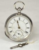 VICTORIAN SILVER-CASED POCKET WATCH, white enamel dial with black Roman numerals and subsidiary