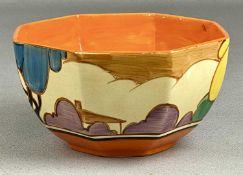 CLARICE CLIFF BIZARRE FANTASQUE 'BLUE AUTUMN' OCTAGONAL BOWL, black backstamp, 7.5 x 14cms