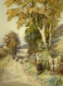 FRED J. KNOWLES (British 1874-1931) watercolour - country lane with sheep, shepherd, and lady