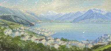 GIANNI (possibly Maria) watercolour - entitled 'Montreux' on mount, signed lower left, 18 x 39cms