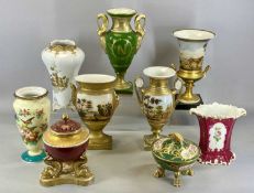 GROUP OF MIXED EUROPEAN PORCELAIN, including two-handled urn shaped vase on stand, body decorated