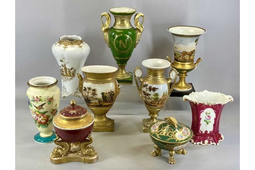 GROUP OF MIXED EUROPEAN PORCELAIN, including two-handled urn shaped vase on stand, body decorated - Image 1 of 3