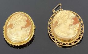 TWO 9CT GOLD FRAMED OVAL CAMEO BROOCHES, 45 x 35mms the largest Provenance: private collection
