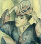 MERYL WATTS (1910-1992) watercolour - half-length study of a lady trying on a hat, entitled verso '