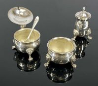 GEORGE IV SILVER THREE-PIECE CONDIMENT SET, of plain circular form, with lion mask capped claw feet,