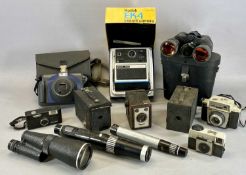 VINTAGE CAMERAS & ASSOCIATED ITEMS, including box Brownies, Russian monocular, 10x50 binoculars,