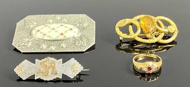 ASSORTED JEWELLERY, including 18ct gold, ruby, and diamond ring, size M, 2.9gms