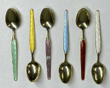 DANISH ART-DECO SET OF SIX SILVER GILT COFFEE SPOONS, enamelled stems in various colours