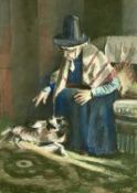 P. JACKSON pastel - elderly lady in traditional Welsh costume with sheepdog