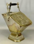 VICTORIAN SILVER-PLATED BRASS HELMET-SHAPED COAL SCUTTLE, embossed decoration to the top