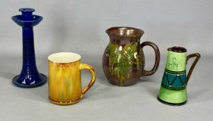 EWENNY POTTERY GREEN / BROWN MOTTLE GLAZED JUG, 16.5cms (h), yellow / green glazed tankard