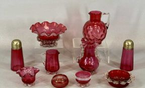 ASSORTED CRANBERRY / RUBY GLASSWARE, including dimpled globular jug with clear handle, 16cms (h) (9)