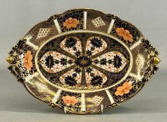 ROYAL CROWN DERBY IMARI PATTERN OVAL DISH, heavily gilded, pierced acorn side handles