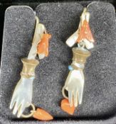 PAIR OF VICTORIAN DROP EARRINGS, in the form of mother of pearl hands