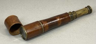 EARLY 19TH C. BRASS & LEATHER THREE DRAW TELESCOPE, Broadhurst Clarkson & Co., London, 76cms (l)
