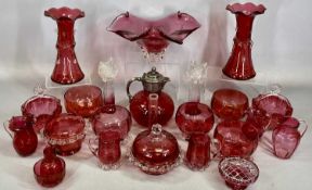 COLLECTION OF RUBY & CRANBERRY GLASSWARE including pair of vases with overlaid decoration