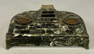 ART DECO VEINED MARBLE DESK STAND, twin inkwells with hinged bronze covers, central stepped pedestal