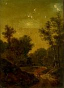 POSSIBLY 18TH CENTURY ENGLISH SCHOOL oil on board - landscape with figures in foreground