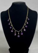 VINTAGE AMETHYST & SEED PEARL FRINGE NECKLACE, in 9ct gold, 39.5cms (l), 7.8gms