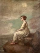 UNKNOWN 19TH CENTURY oil on canvas - portrait of a lady in a cream dress seated on a rock