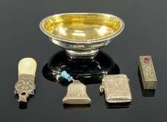 ASSORTED SILVER ITEMS, Georgian oval silver open salt with gadrooned rim and foot, gilded