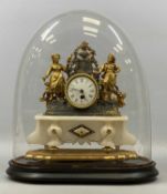 FRENCH PAINTED SPELTER & ALABASTER MANTEL CLOCK, late 19th century, figures flanking the barrel