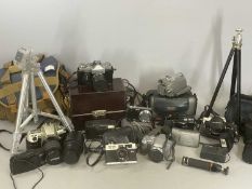 LARGE COLLECTION OF CAMERAS & ACCESSORIES including Olympus OM10 and a Zenit B, various lenses