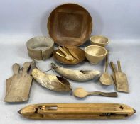 COLLECTION OF ANTIQUE TREEN KITCHENALIA, including butter pats, cawl spoons, fruit bowl, etc.