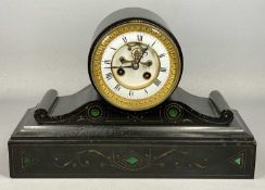 FRENCH BLACK SLATE MANTEL CLOCK, Malachite inlays, gilded line decoration, white enamel dial
