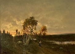OGILVY (British 20th century) oil on board - country lane at sunset with figure in foreground