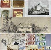 COLLECTION OF STAMPS & EPHEMERA, including two albums, portfolio of antique sketches and book