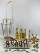 ASSORTED METALWARE, including trench art flat iron, various candlesticks, fireside trivet